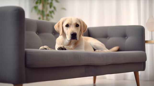 Cute fluffy Labrador Retriever laying on sofa at home. Space for text