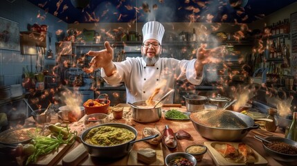 Chef cooking and mixing flavors skillfully, chaotic but organized, generative AI