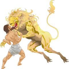Hercules (Heracles, Herakles) from classical mythology fighting the Nemean lion, the first of his labours. No meshes used. - obrazy, fototapety, plakaty