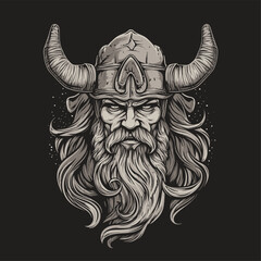 Head of a bearded viking with a formidable face in a helmet with horns isolated on a black background