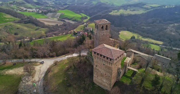 Aerial view, orbital movement, of the castle of Sarzano. Medieval fortification, it is one of the castles of the Matildic lands. Casina , Reggio Emilia province, Emilia Romagna, Italy, Europe