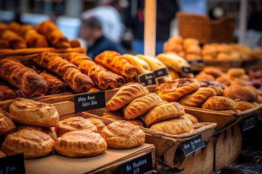 Tempting Delights: Croissants on Sale at a Vibrant Market Stall. Bakery Treasures, Fresh Pastries, Gourmet Indulgence.