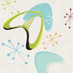 Naklejka premium Retro barkcloth fabric-inspired design with shapes and boomerangs. Each item is grouped so you can use them independently from the background. Layered file for easy edit--no transparencies or strokes!