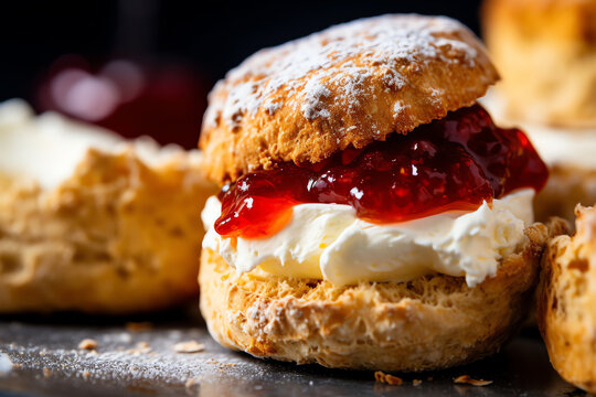 close up of a freshly baked british scone with cream and red jam