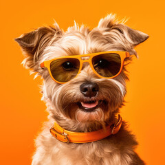 Dog portrait wearing sunglasses on orange background. Generative AI