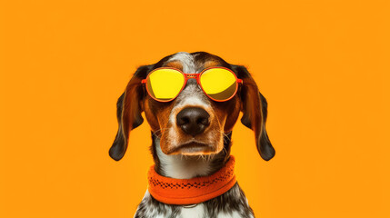 Dog portrait wearing sunglasses on orange background. Generative AI - obrazy, fototapety, plakaty