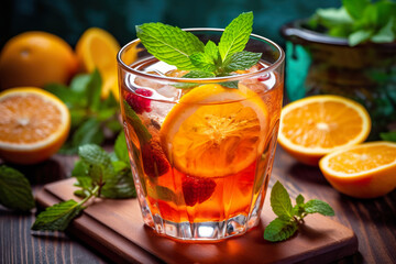 A glass of iced tea with a slice of lemon and mint. Generative AI.