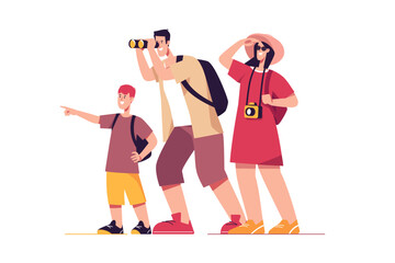 Vector illustration of a happy traveling tourist family