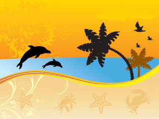 Summer background with palm tree, dolphin, sea-gull, crab, starfish..., vector illustration