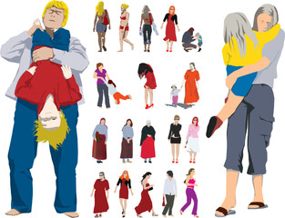 Many colour vector illustration of woman, girl and child.