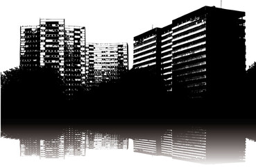 Illustration of an urban scene in black and white with vertical living