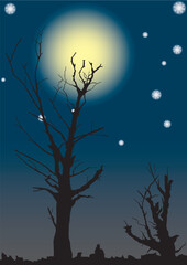 Dead trees on a background of the full moon. A vector illustration.