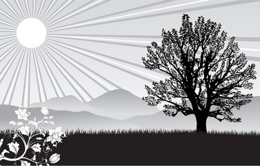 Nature background with tree and flower, vector illustration