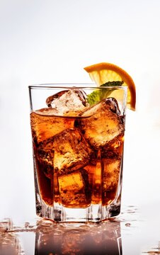 short glass with Rum and Coke Cocktail iced on white background created with Generative AI technology