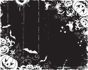 Grunge halloween frame with bats, ghost & pumpkin, vector illustration