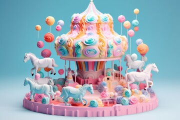 Whimsical carousel of rainbow-hued marshmallows. Generative AI