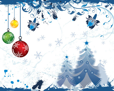Grunge paint christmas background with tree & baubles, element for design, vector illustration
