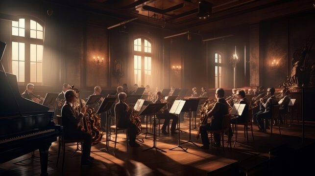 Orchestra rehearsals in a hall