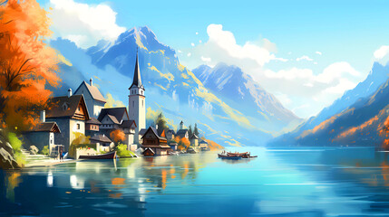 Fototapeta premium Illustration of beautiful view of Hallstatt, Austria