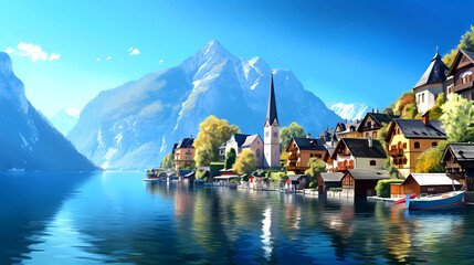 Obraz premium Illustration of beautiful view of Hallstatt, Austria