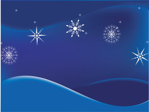 Vector illustration of night time landscape with snowflakes and stars