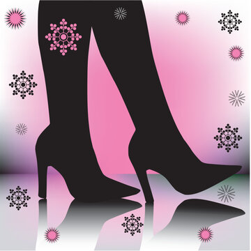 Vector illustration of reflected stiletto boots with snowflakes