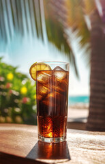 Rum and Coke Cocktail over a bar in the beach created with Generative AI technology