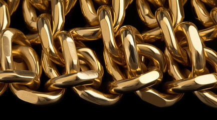 Massive golden braided chain on a dark background. Golden heavy metal chain texture. 