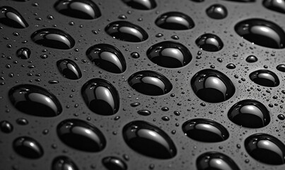 Water drops on a black leather surface. Close up water drops on black background. Abstract black wet texture with bubbles on plastic PVC surface or grunge. Realistic pure Rein droplets condensed.