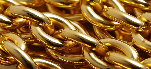 Massive golden braided chain on a dark background. Golden heavy metal chain texture. 