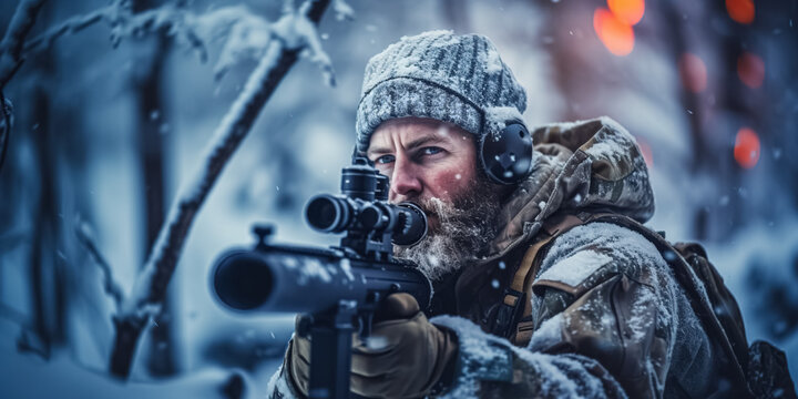Army sniper aims through the telescopic sight. Army sniper with large-caliber sniper rifle seeking killing enemy. digital ai