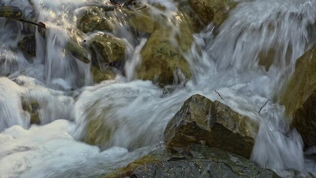 The waterfalls at the sources of Poiano, highly salinity mineral waters with a prevalent presence of sodium chloride. Villa MInozzo, Reggio Emilia province, Emilia Romagna, Italy, Europe