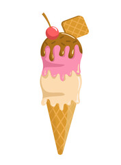 Ice cream concept. Wafer cone with two colorful balls and topping. Cold and frozen dessert and delicacy. Sticker for social networks and instant messengers. Cartoon flat vector illustration