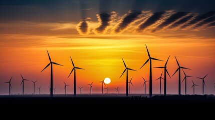 Earth Day. Silhouette of a wind turbine farm at twilight, renewable energy sources, progress and sustainability in environmentally sensitive areas. Generative ai