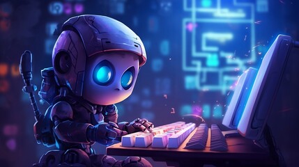 Obraz na płótnie Canvas Tiny artificially intelligent robot typing on a computer in the dark Generative AI