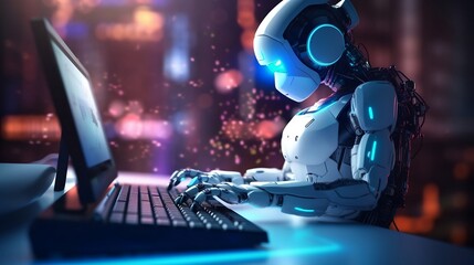 Artificially intelligent robot typing on a computer in the dark Generative AI