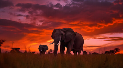 Elephant sunset in Africa. Two big elephant with tusk and red orange evening light on the sky clouds, Okavango in Botswana. Africa nature, travel in Botswana.