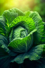 Fototapeta premium Big cabbage with water drops, in garden, agriculture, generative ai.