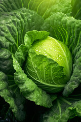 Fototapeta premium Big cabbage with water drops, in garden, agriculture, generative ai.