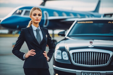 Attractive air hostess standing against limousine and private jet. Luxury business travel. Generative AI