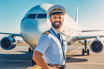 Confident pilot standing near airliner. Sunny day at the airport with airplane in the background. Aviation and travel concept. Generative AI - obrazy, fototapety, plakaty