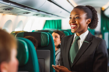 Fototapeta na wymiar Flight attendant talking to passenger in airplane. Female member of cabin crew assisting passenger on flight. Generative AI