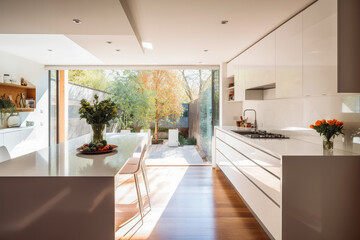 Modern kitchen in morning light. Beautiful white clean furniture. Generative AI