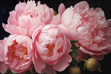 Generative AI. Beautiful pink peony flowers, close up. Fresh cut flowers green leaf for decoration home.