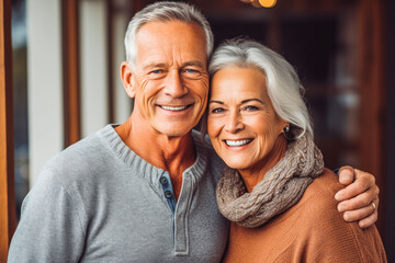 Happy senior couple portrait. Smiling cheerful elderly couple embracing and posing for camera. Generative AI - obrazy, fototapety, plakaty
