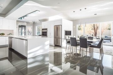 Fototapeta na wymiar Flood in the kitchen. Modern kitchen in morning light. Beautiful white clean furniture. Morning light. Generative AI