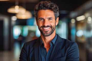 Obraz premium Portrait of handsome CEO smiling. Confident young business man entrepreneur. Generative AI