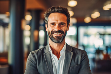 Obraz premium Portrait of handsome CEO smiling. Confident young business man entrepreneur. Generative AI