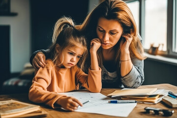 Kind mother embracing and comforting small crying daughter. Mother helping daughter with homework. Generative AI