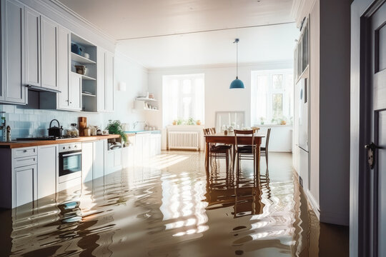 Flood in the kitchen. Modern kitchen in morning light. Beautiful white clean furniture. Morning light. Generative AI